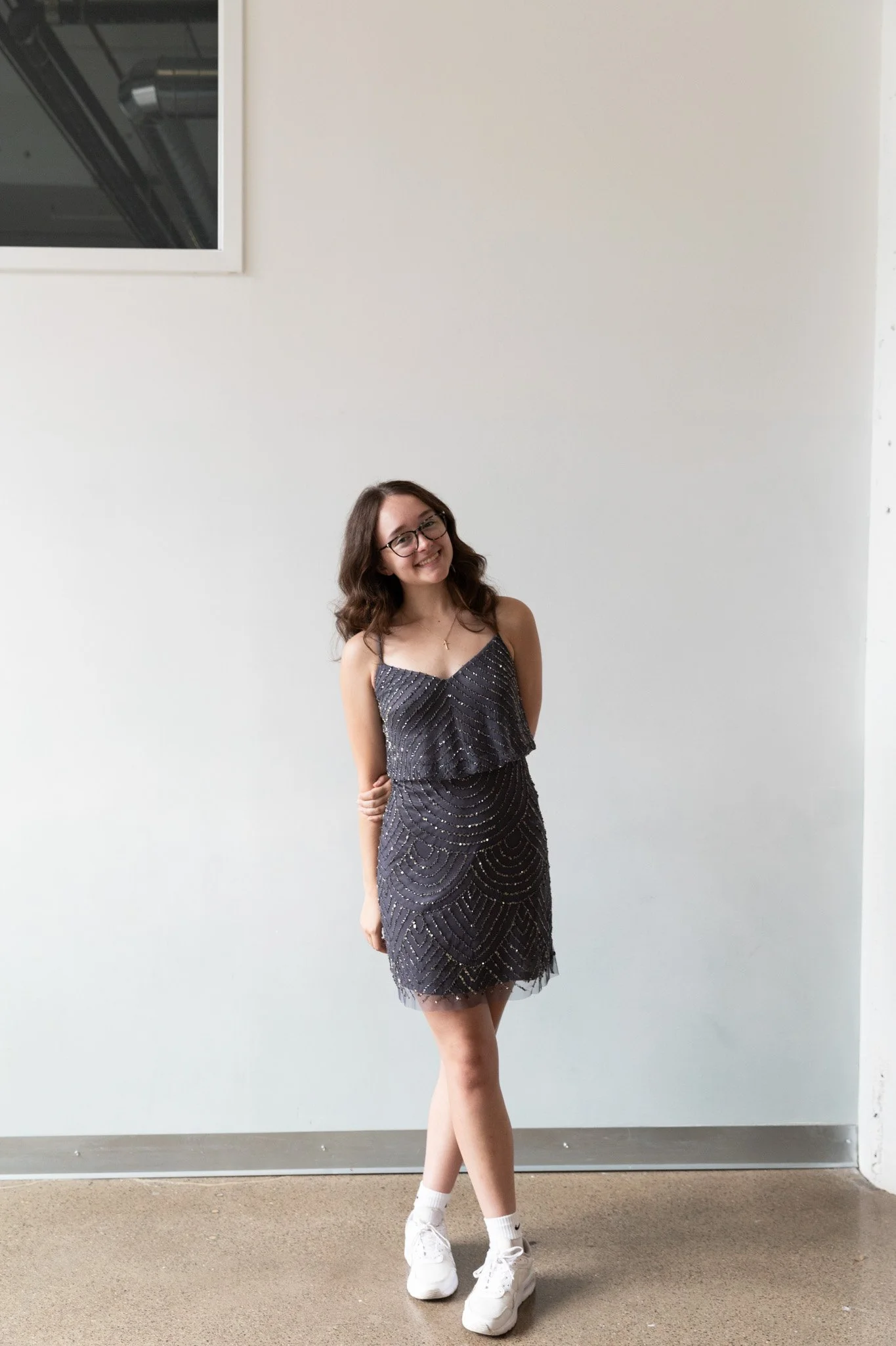 Adrianna Papel Gray with Gold Sequin Dress