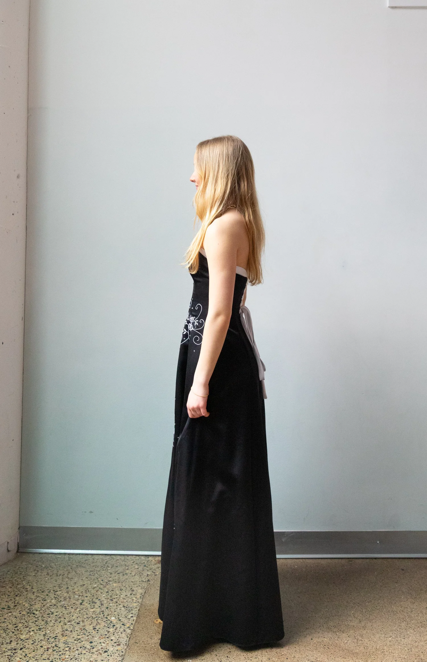 Betsy & Adam strapless black and White flower dress | Pass Down The Gown   passdownthegown