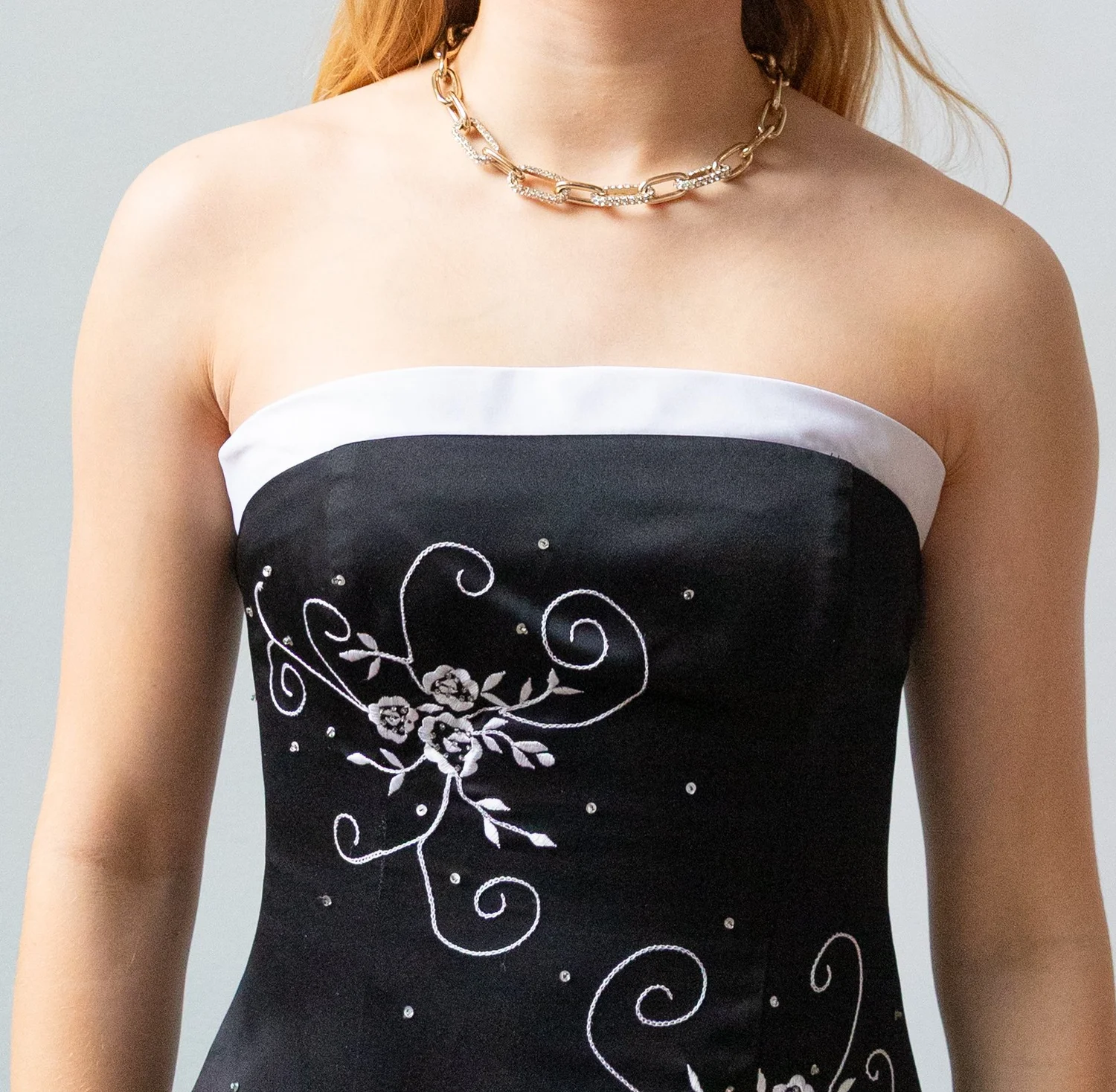 Betsy & Adam strapless black and White flower dress | Pass Down The Gown   passdownthegown