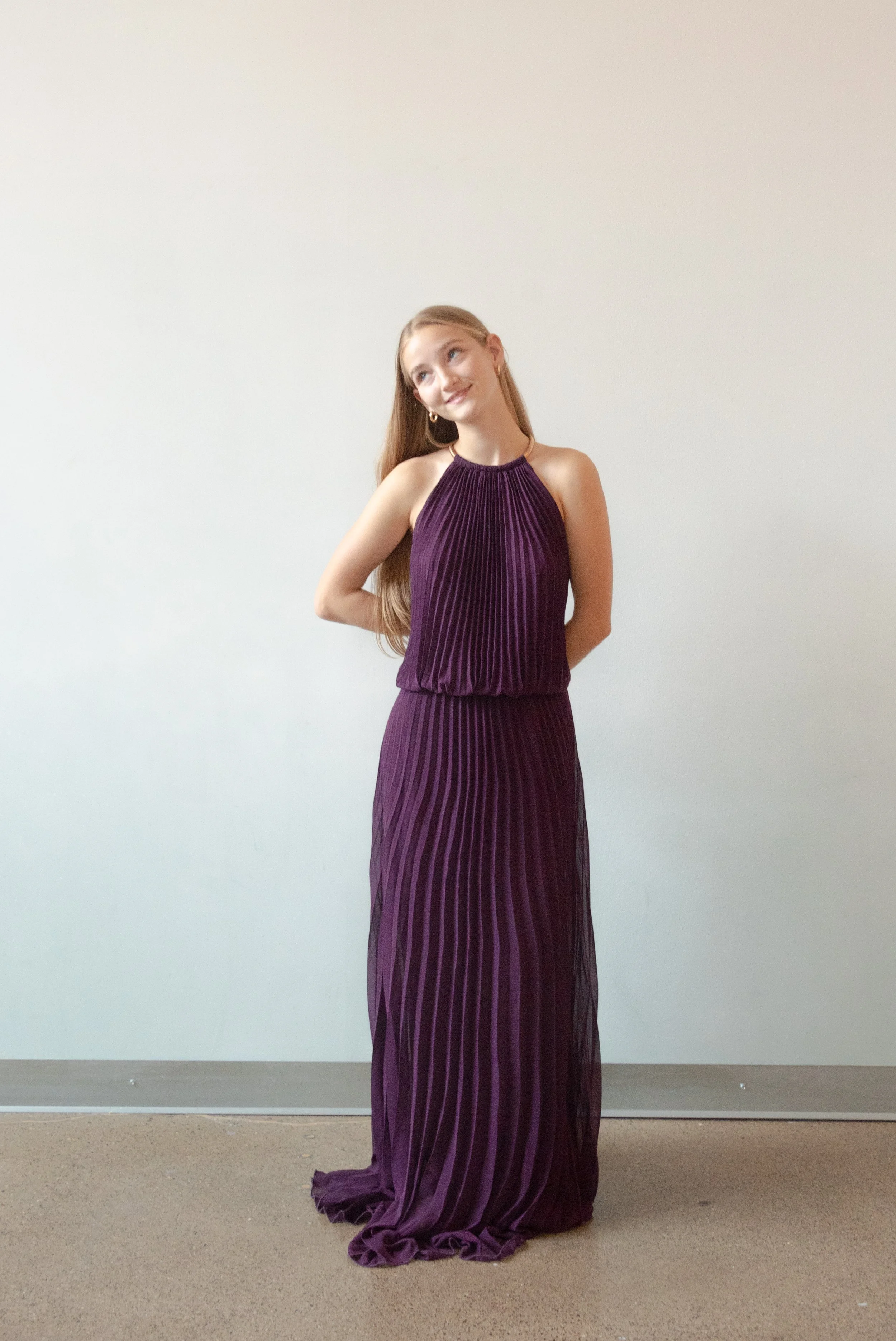 Xscape Plum High neck pleated gown