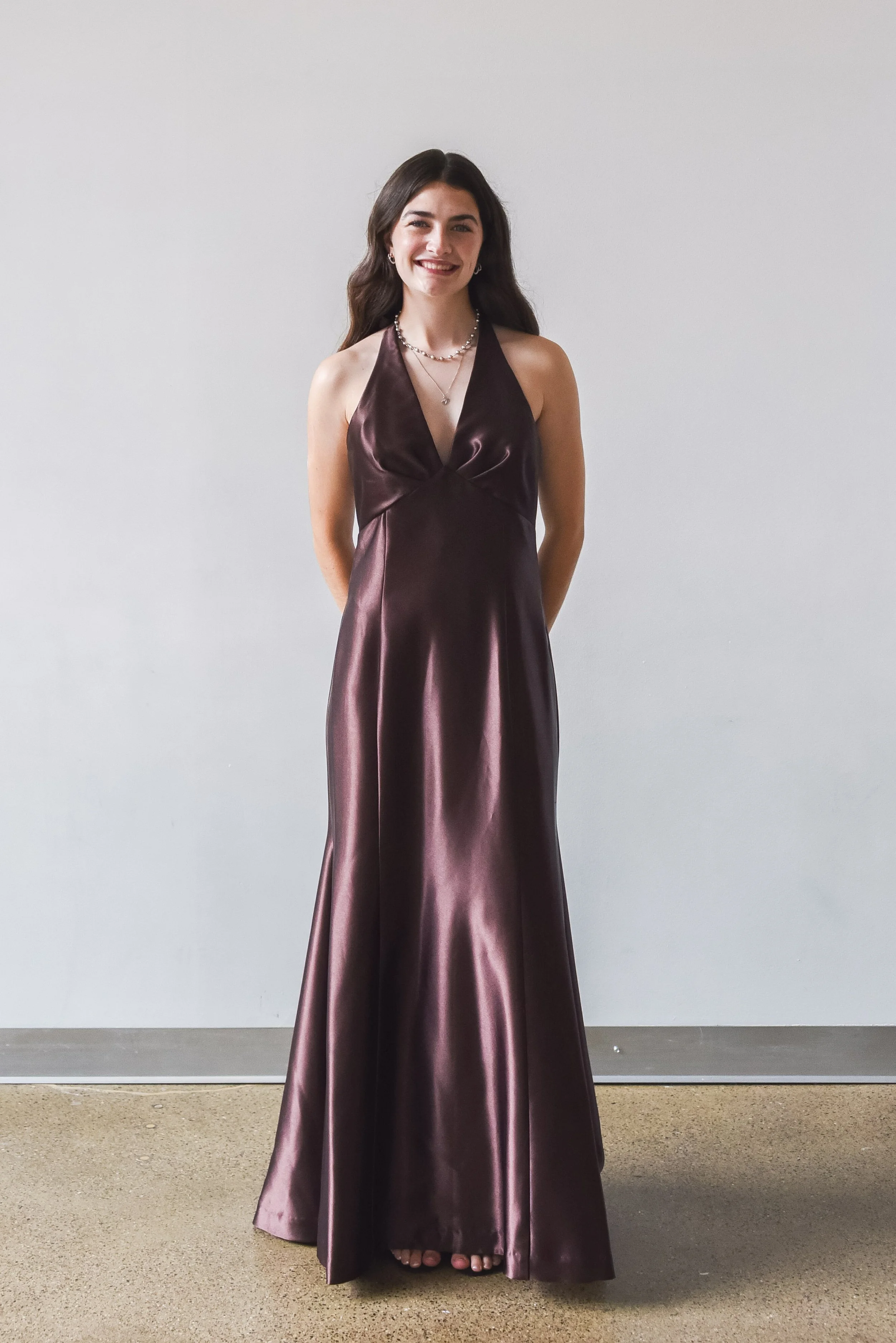 Jessica McClinock Coffee Bean Brown V Neck Halter Pleated Gown