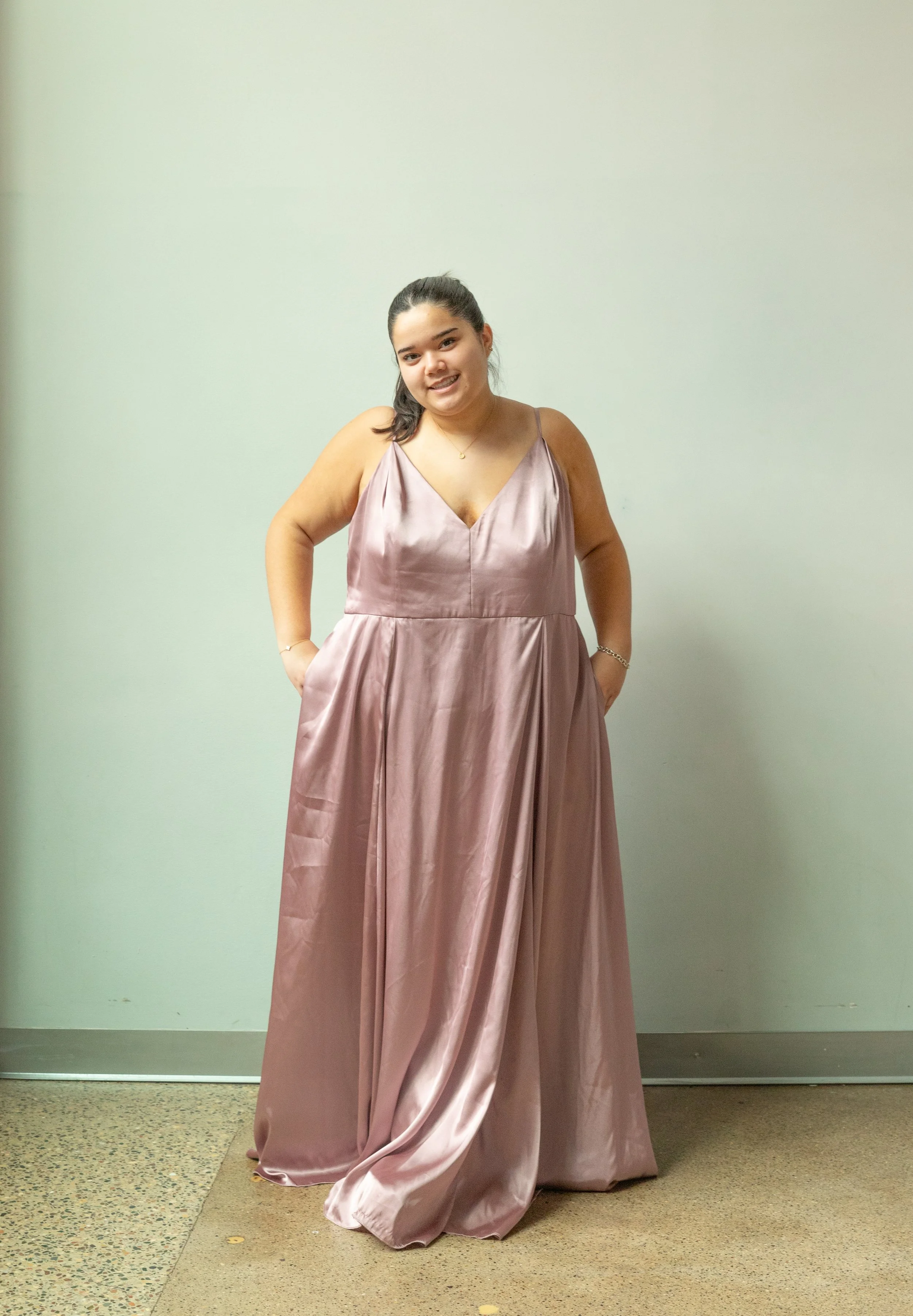Galina Signature mauve satin v-neck gown