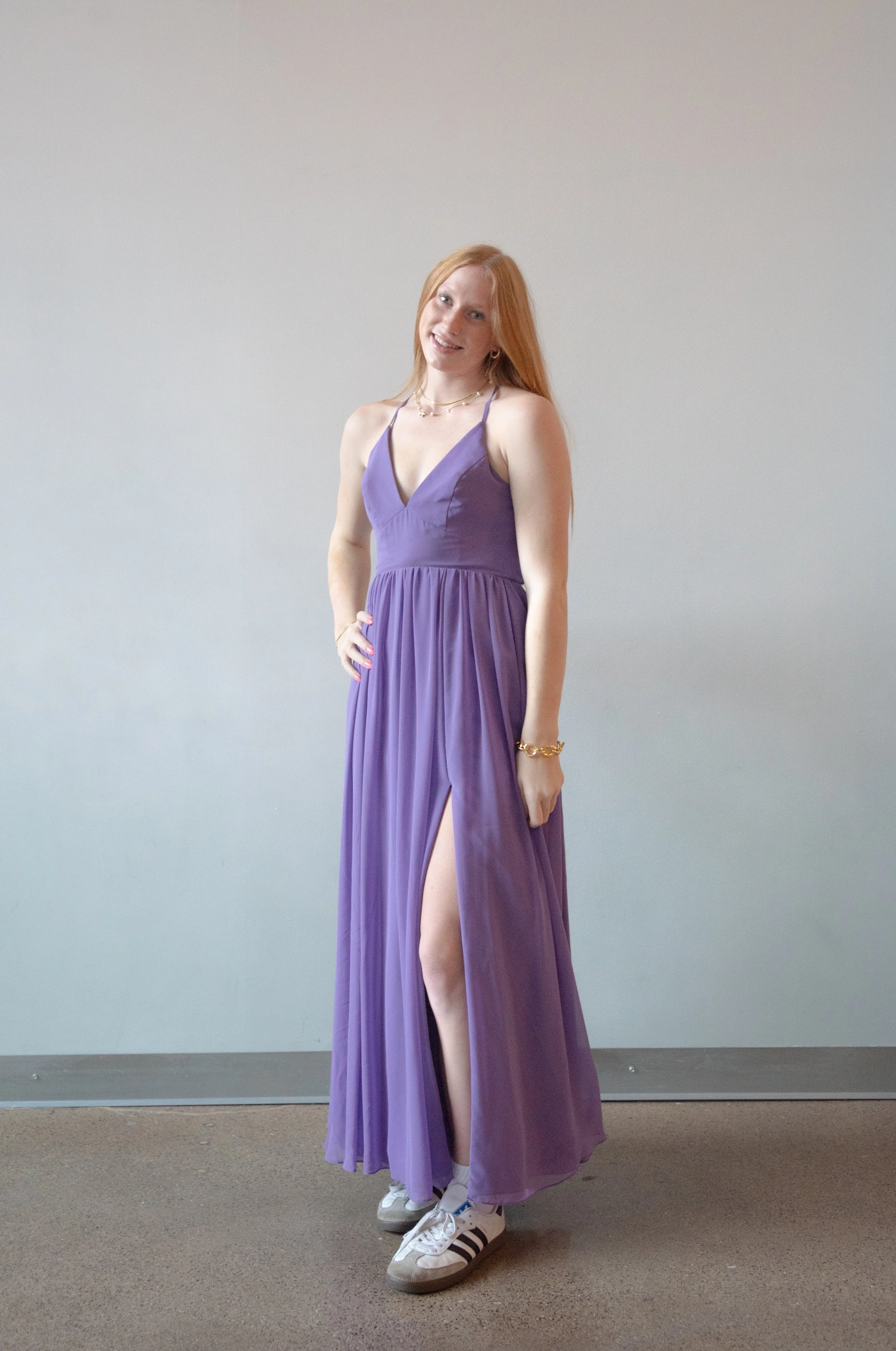 Azazie lavender V Neck Tie Back Slit Gown