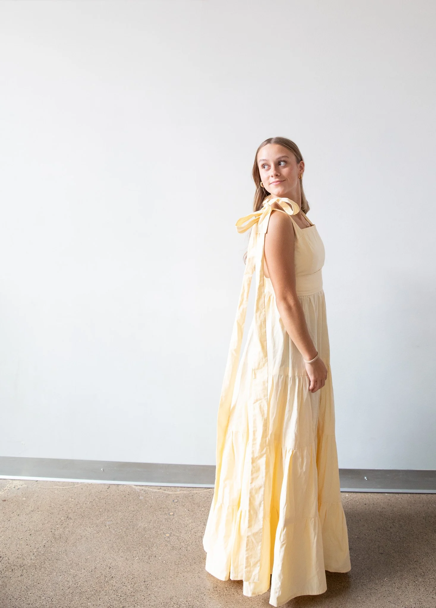 Chloe Original Yellow Square Neck Tiered with Bow Strap Dress