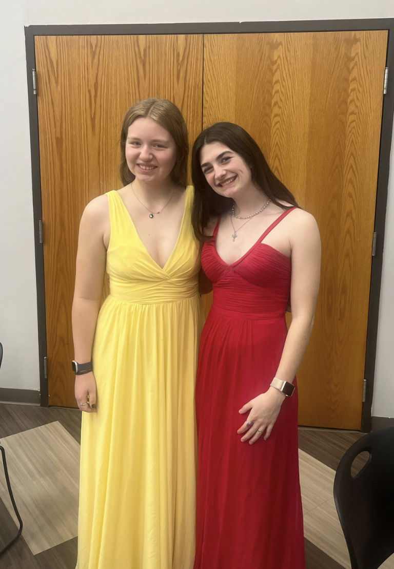 Two young women in formal dresses standing close together, posing for a photo in front of wooden doors, smiling.