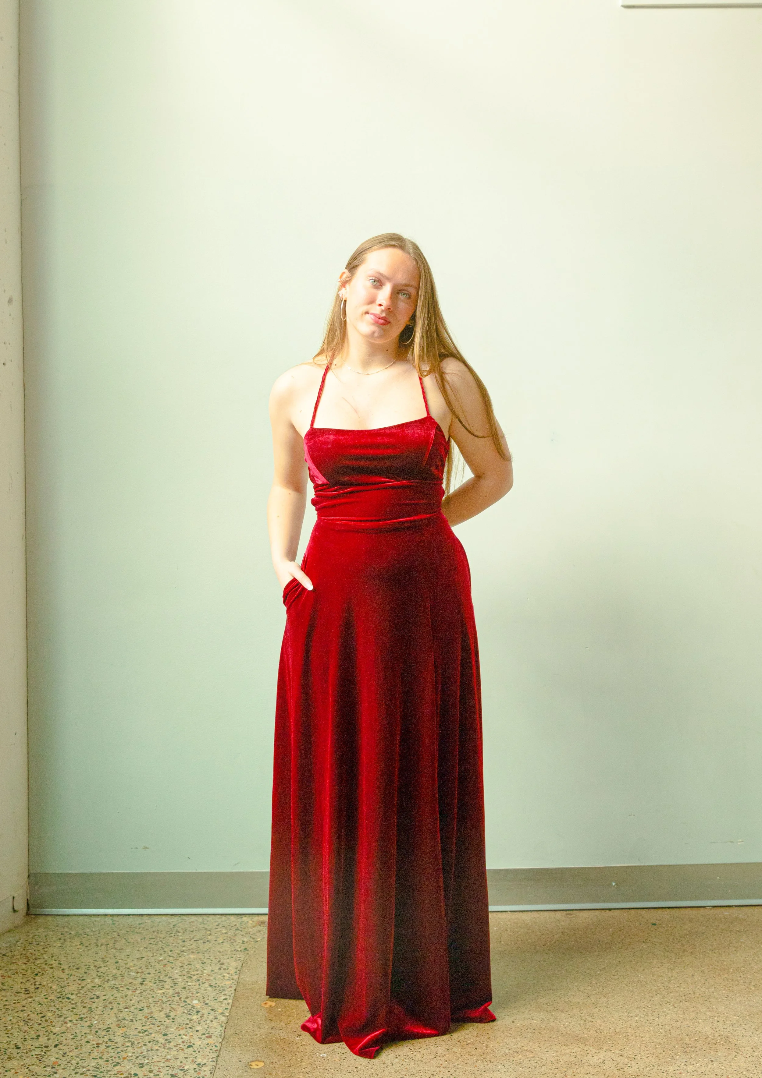 Burgundy red velvet lace up dress