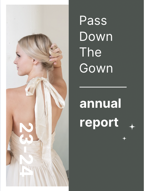 A woman in a wedding dress adjusting her hair, with the text 'Pass Down The Gown annual report 23-24' written in white on a gray background.