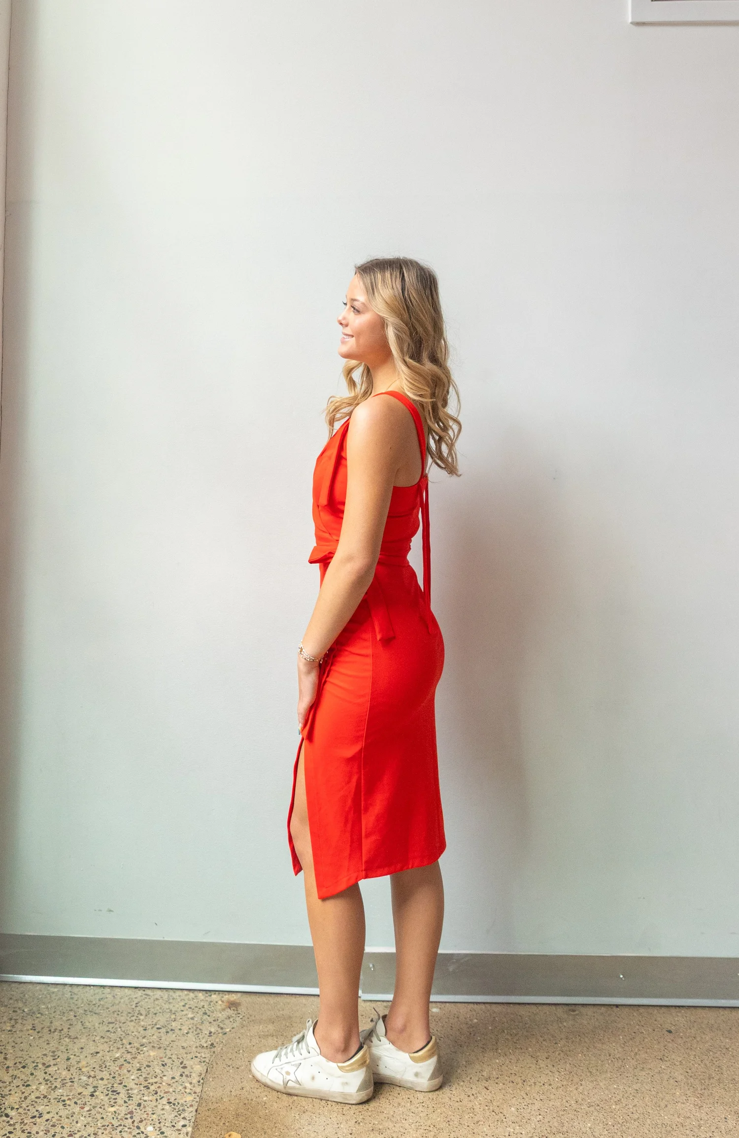 asos red midi dress ASOS DESIGN midi dress with draped neckline and slit in red orange size 4