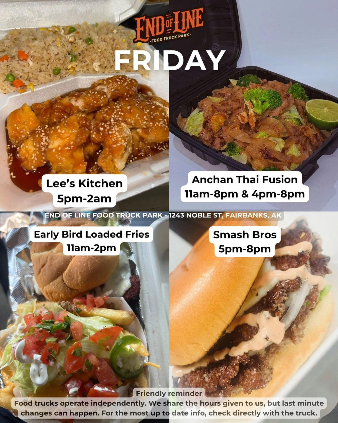Fairbanks, the Friday lineup is looking very good today 🔥

There is something for every craving today at End of Line Food Truck Park. Stop by, try something new, and support some of Fairbanks favorite local food trucks.

📍 End of Line Food Truck Pa