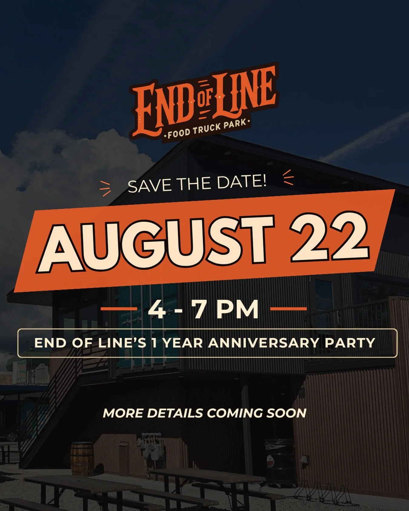 Save the date, Fairbanks! 🎉

End of Line Food Truck Park is celebrating our 1 year anniversary on August 22 from 4&ndash;7 PM, and @hoodoobrew will be joining us!🍻

Food trucks, family fun, community, and more. Details coming soon. Mark your calend