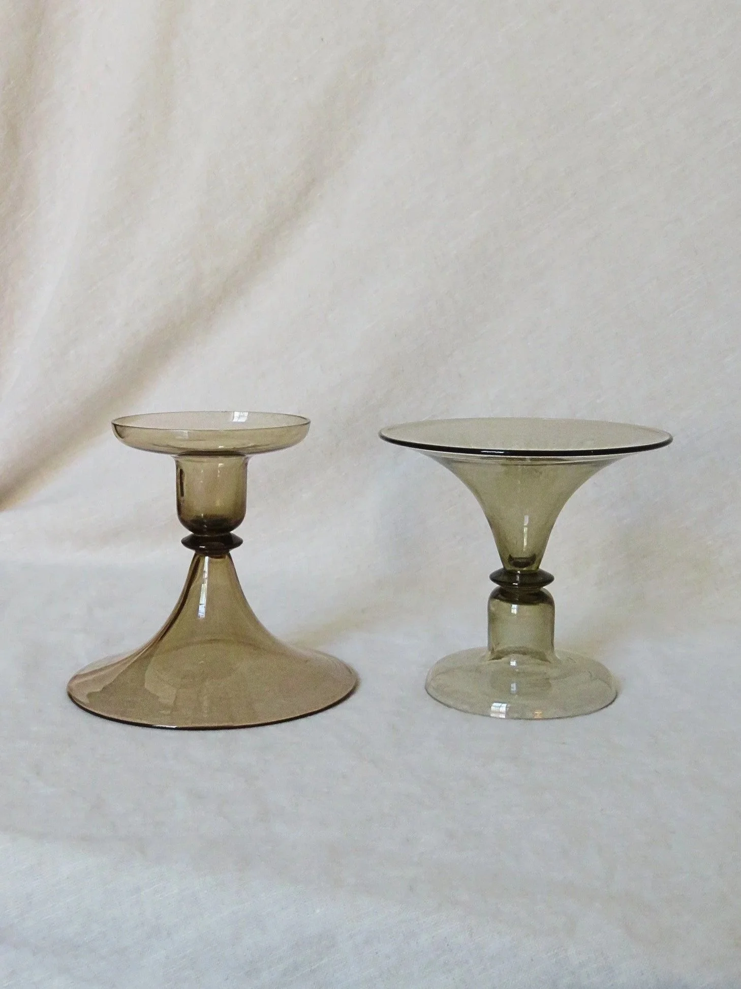 Pair of Mid-Century smoked glass candlesticks and drinking glasses