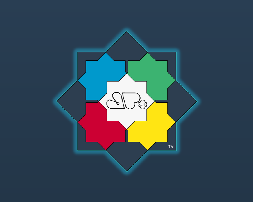 Nafsychology Islamic psycho-spiritual typology logo; a navy Rub el Hizb star with colorful (blue, green, yellow, and red) geometric design with a central white area featuring a stylized heart and star-shaped  depicting a human figure in prostration
