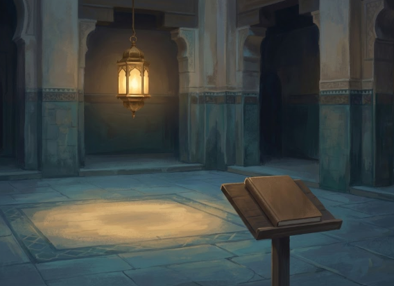 Warm lamp hanging above a tiled courtyard at night, symbolizing psychology as a lamp under revelation.