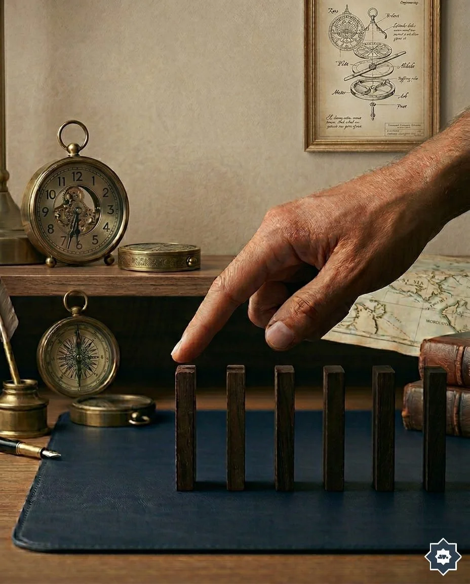 A tense hand hovers just above the first of several dark wooden dominoes, moments before contact, suggesting a preventable chain of consequence and the chance to return to proportion before the pattern completes. Nafsychology: RN#4