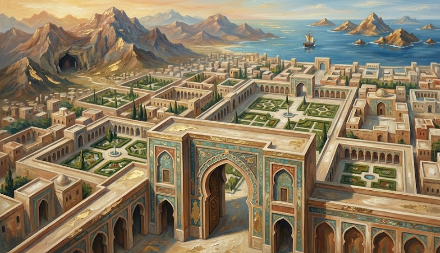 Illustration of Nafsychology's “Nafs City”: a walled city of courtyards by the sea, representing the inner architecture and proportion of the psyche and Nafs