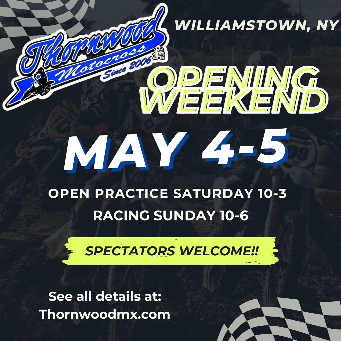 On Saturday May 4th we will have open practice from 10am-3pm.$30 per rider.

All big bikes &amp; quads will be from 10am-1pm.

All 50/65/85/100 &amp; mini quads will be 1pm-3pm.

Sunday May 5th will be Round 4 of the UpState Motocross USMX &amp; WNYM