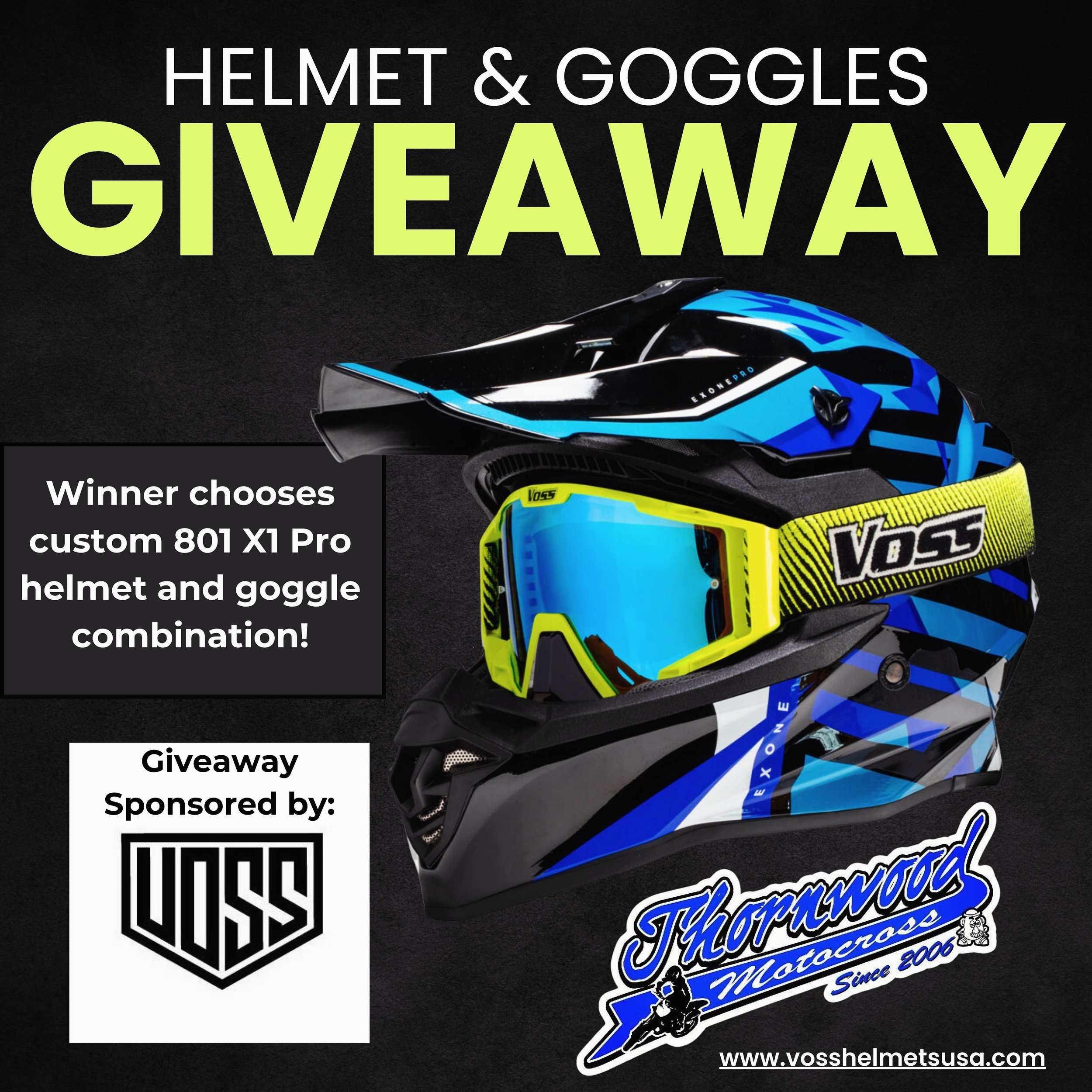 🎉 GIVEAWAY ALERT! 🎉&nbsp;

We&rsquo;ve teamed up with @vosshelmets to bring you an epic giveaway! 🏁 One lucky winner will snag an 801 X1 Pro Helmet AND a pair of Voss One MX Goggles!&nbsp;Winner picks their custom color combo!! 

To enter:⁣⁣⁣⁣⁣⁣⁣⁣