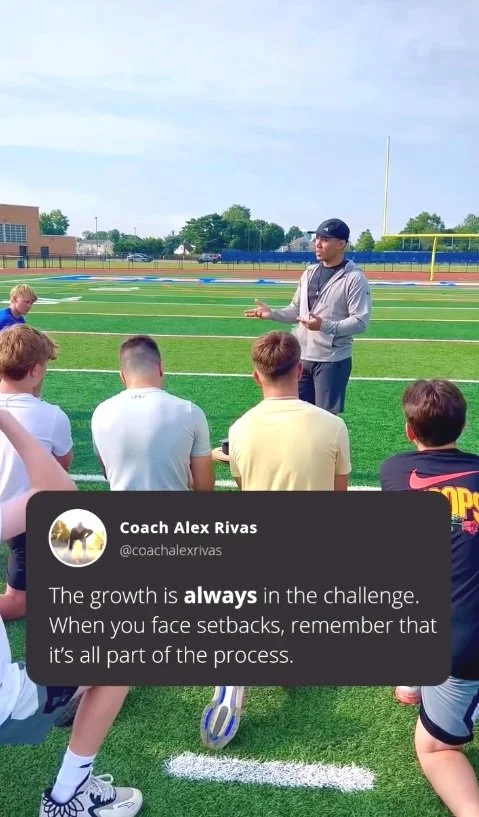 A coach speaking to a group of young athletes on a football field during daytime with a motivational quote overlay.