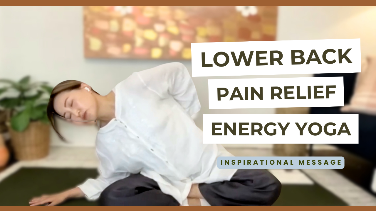 Woman practicing energy yoga for lower back pain relief in a room with plants, artwork, and a cozy atmosphere.