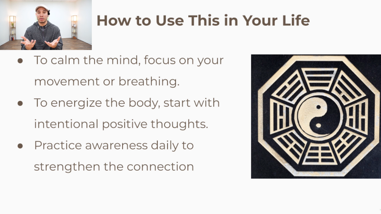 A presentation slide titled 'How to Use This in Your Life' with three bullet points about calming the mind, energizing the body, and practicing awareness. To the right, there's a black and white image of a Yin-Yang symbol surrounded by a geometric pattern.