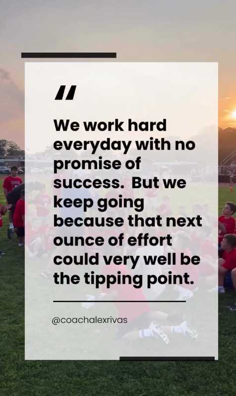 Inspirational quote about perseverance on a white overlay, with a background of children in red shirts on a sports field during sunset.