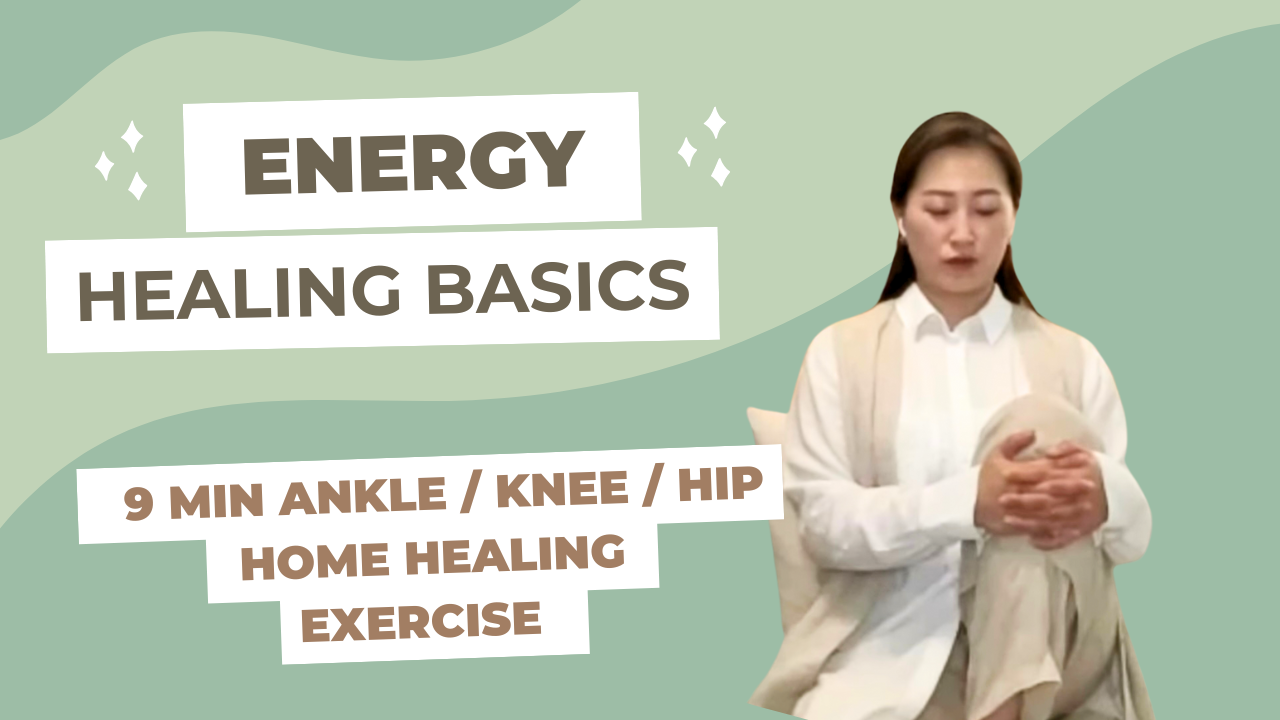 A woman sitting cross-legged, holding her ankle, demonstrating a healing exercise for the ankle, knee, or hip in a video about energy healing basics.