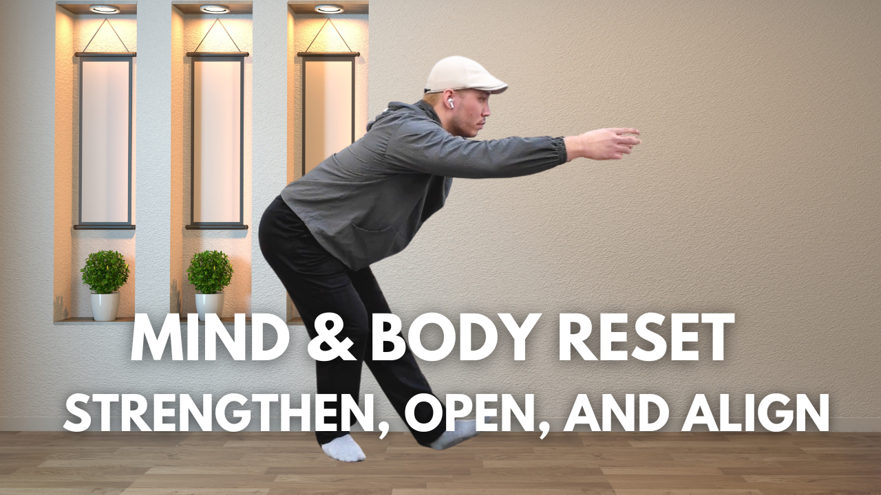 A person doing a balance exercise in a room with three illuminated wall niches containing plants, with large white text overlay reading 'Mind & Body Reset, Strengthen, Open, and Align'.