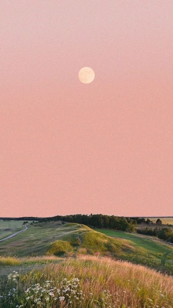 A scenic landscape featuring grassy hills, trees, and a distant path under a pink sky with a full moon.
