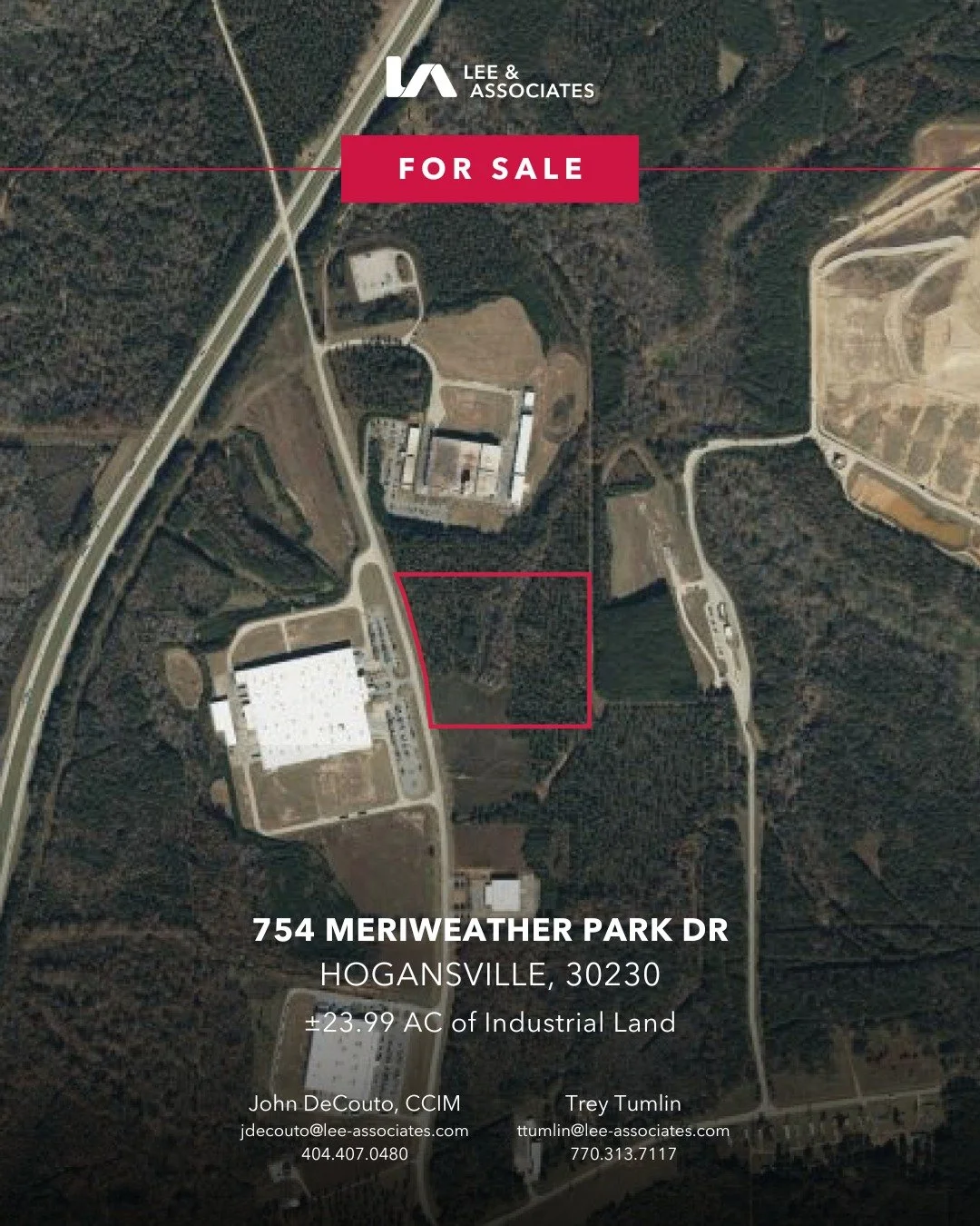 FOR SALE! &plusmn;23.99 AC of industrial land at 754 Meriwether Park Dr, Hogansville, GA. Positioned in Meriwether County&rsquo;s IDA Industrial Park and only 1.7 miles from the recently announced Amazon distribution facility, this property is a prim