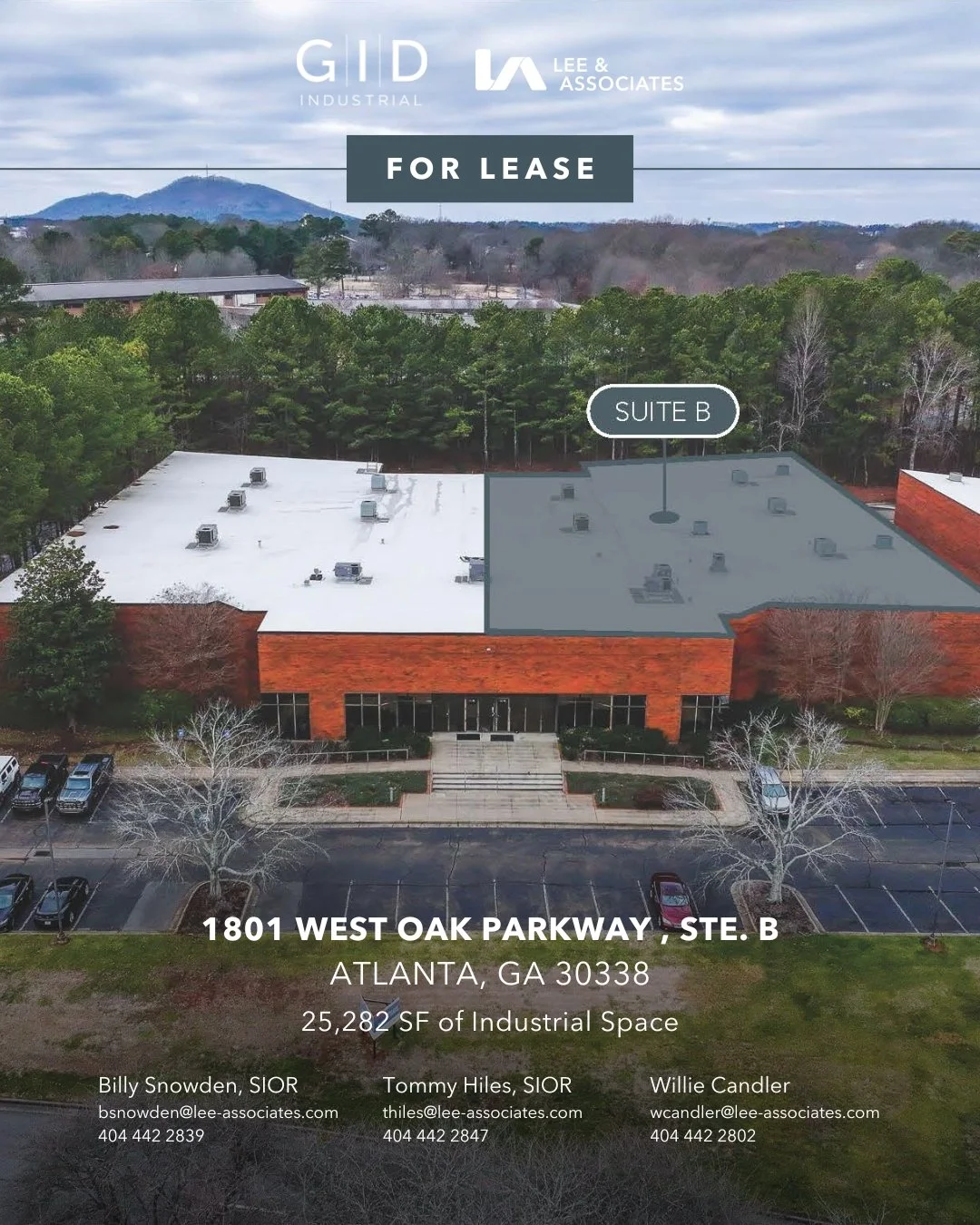 FOR LEASE! Two industrial spaces owned by GID available at West Oak Business Center in Marietta, GA.

1801 West Oak Parkway, Ste. B
&bull; 25,282 SF available
&bull; 4,058 SF office
&bull; 21&rsquo;&ndash;24&rsquo; clear height
&bull; 2 dock-high doo