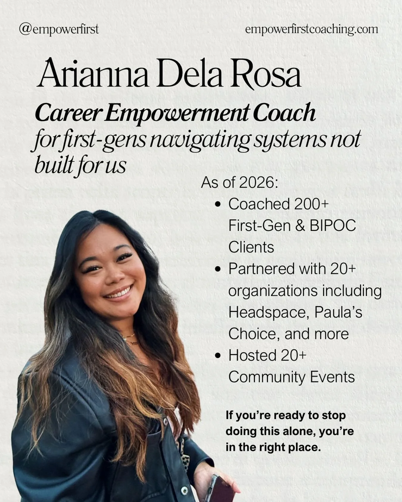 Career growth was never meant to come at the cost of your well-being, especially for first-gens navigating systems that weren&rsquo;t built with us in mind.

I&rsquo;m Arianna Dela Rosa (Ari), a Career Empowerment Coach supporting first-gens &amp; BI