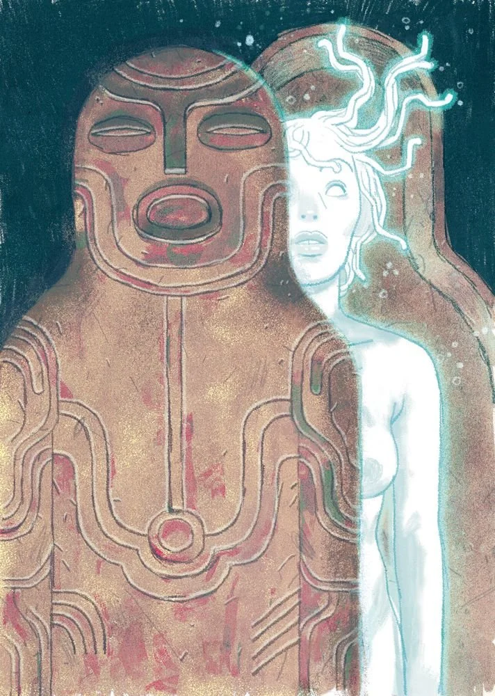 Woman made of light with snakes for hair emerging from tomb