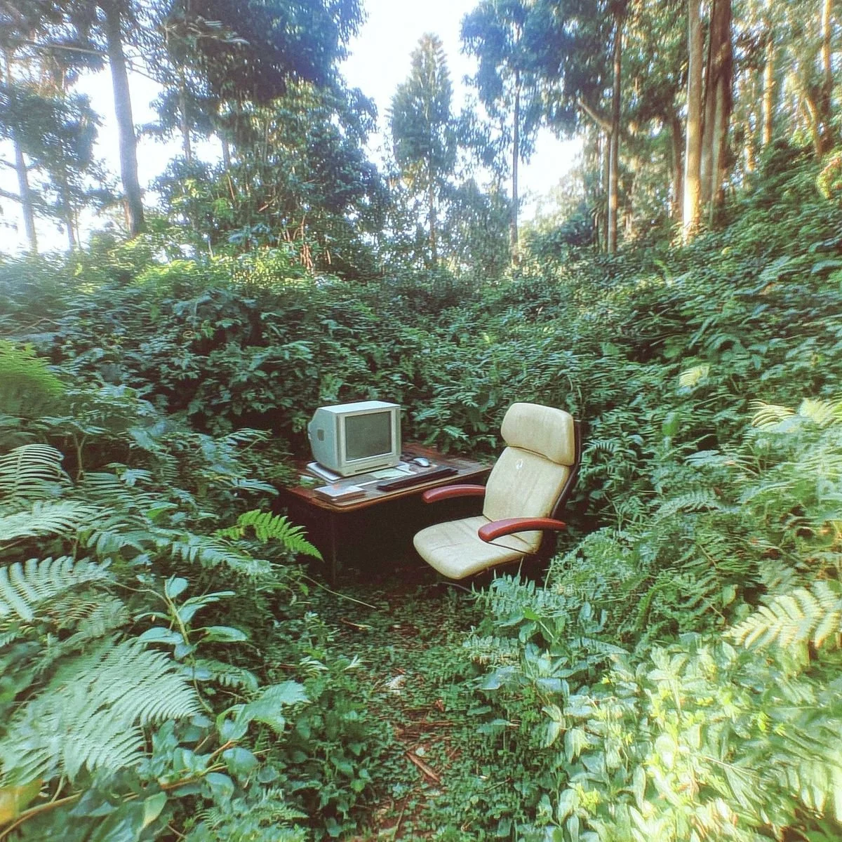 chair desk and computer in the middle of a forest and ferns