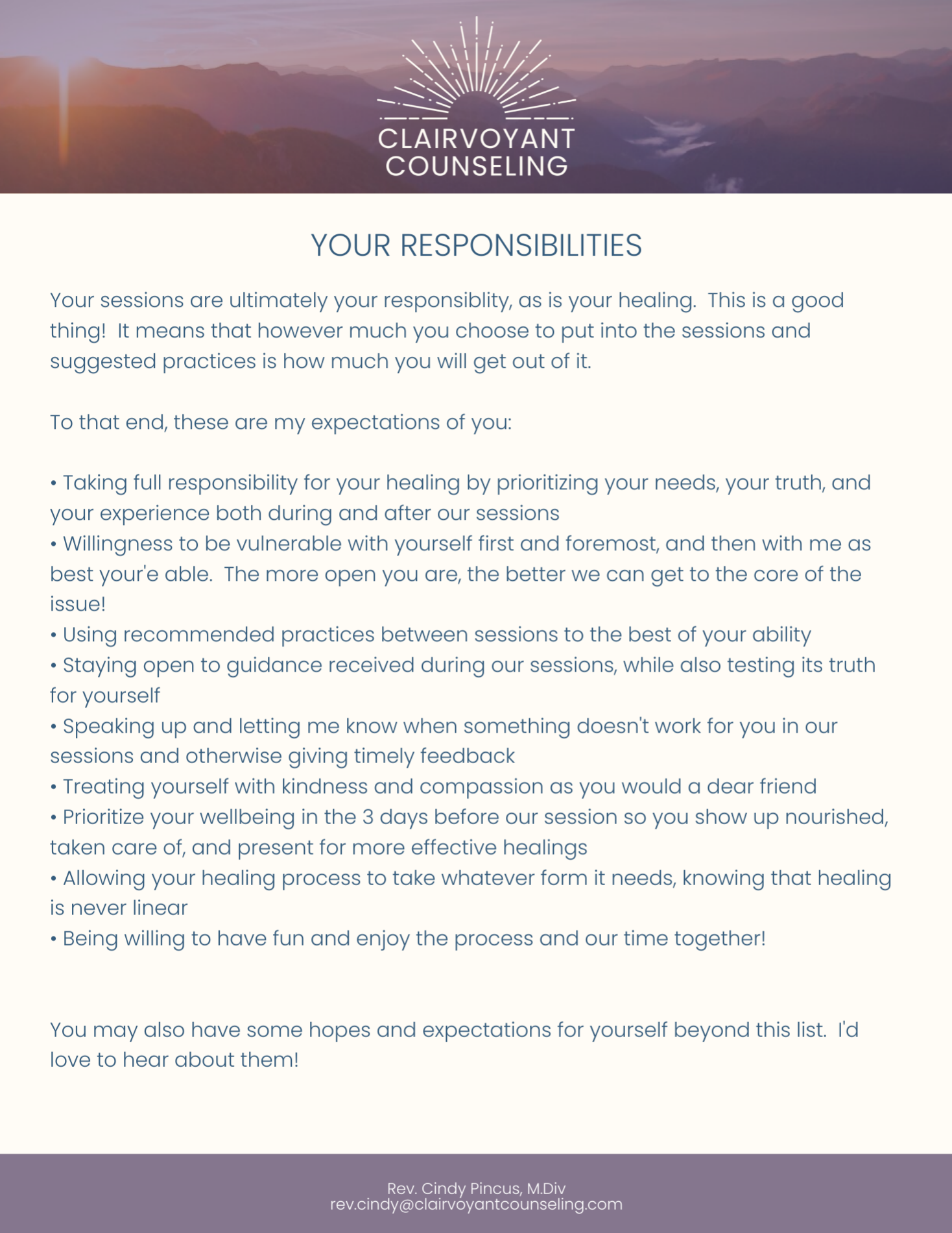 Letterhead image from Clairvoyant Counseling with a mountain landscape and sunrise, featuring the counseling practice's logo.