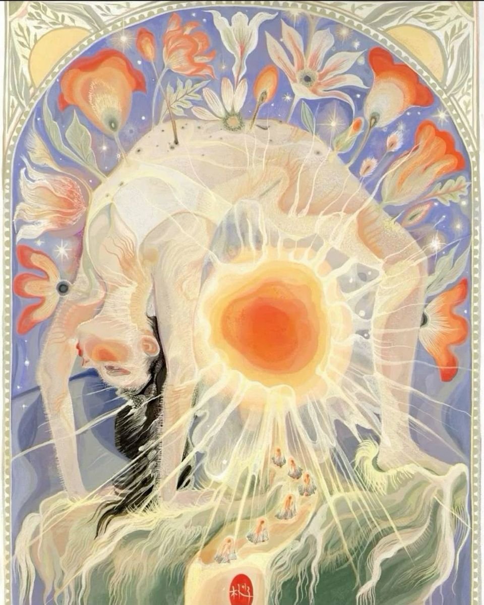 woman stretching flowers bursting by artist inju park - practical spiritual guidance for modern women financial abundance healings and psychic readings