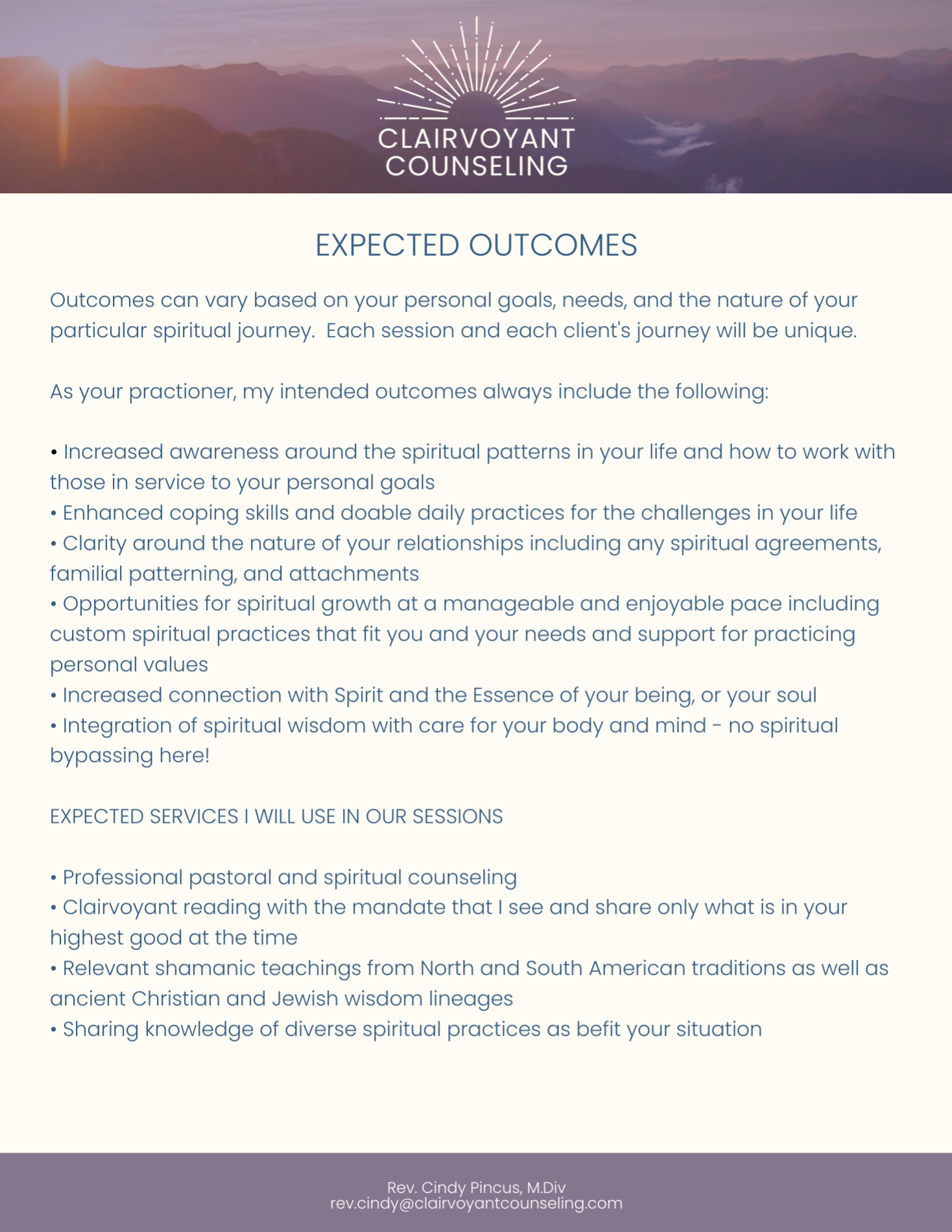 A digital document from Clairvoyant Counseling outlining expected outcomes and services, with a mountain landscape in the background and the logo at the top.