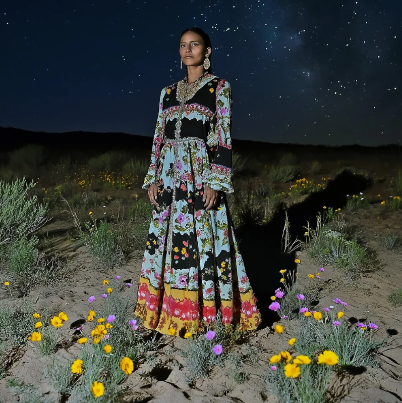 woman stands in traditional mexican dress in desert starting at camera