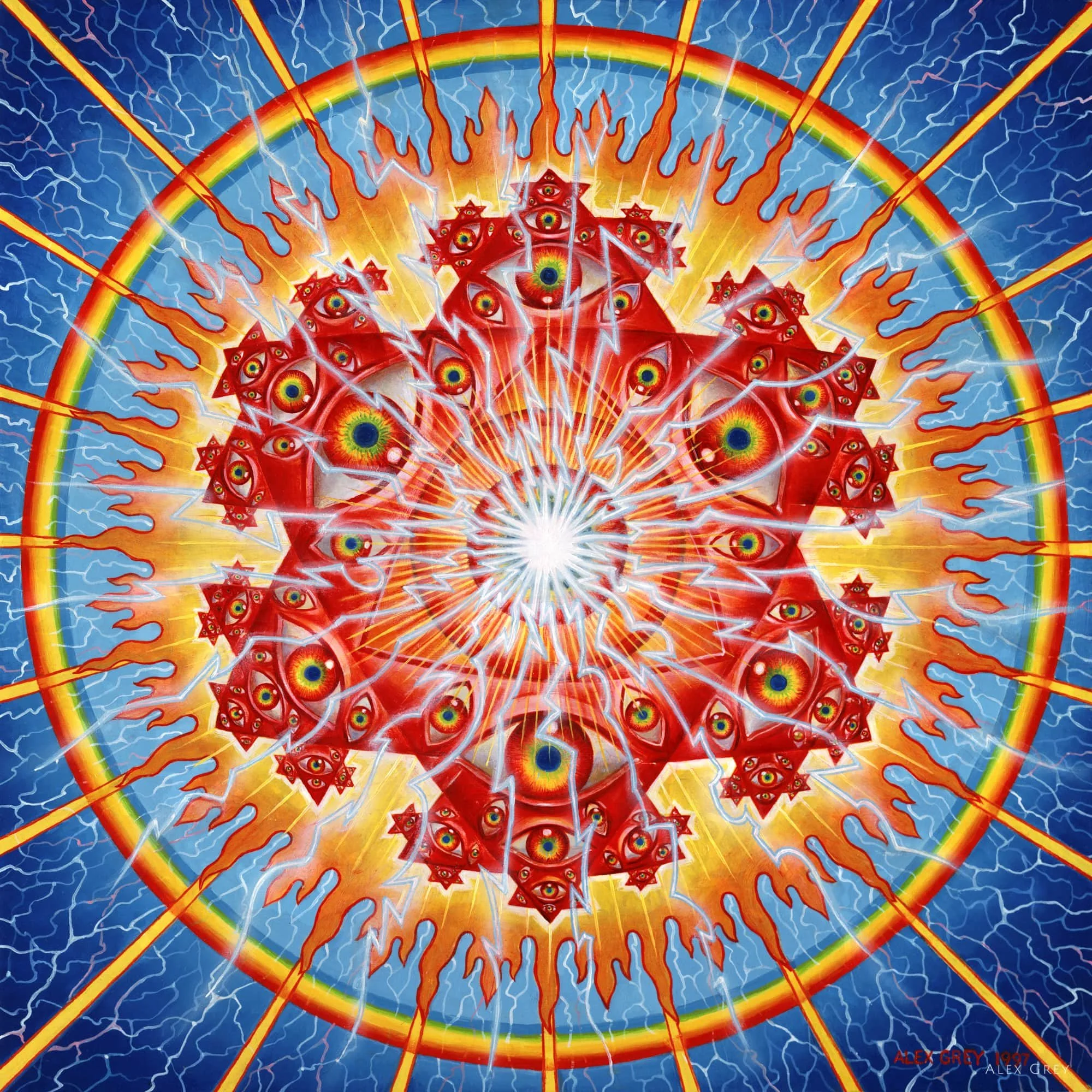 Illustration of red eyes in blue lightning background of consciousness and awareness