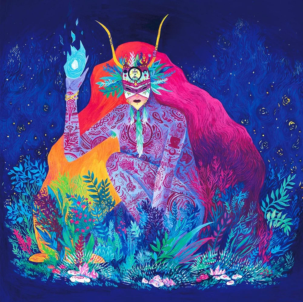 Colorful neon illustration of a woman kneeling in the grass with magical crystals and blue flame in the palm of her raised hand