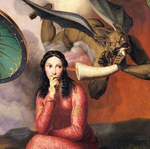 Painting of a woman sitting thoughtfully with a winged devil flying near her head and whispering in her ear throught a white horn