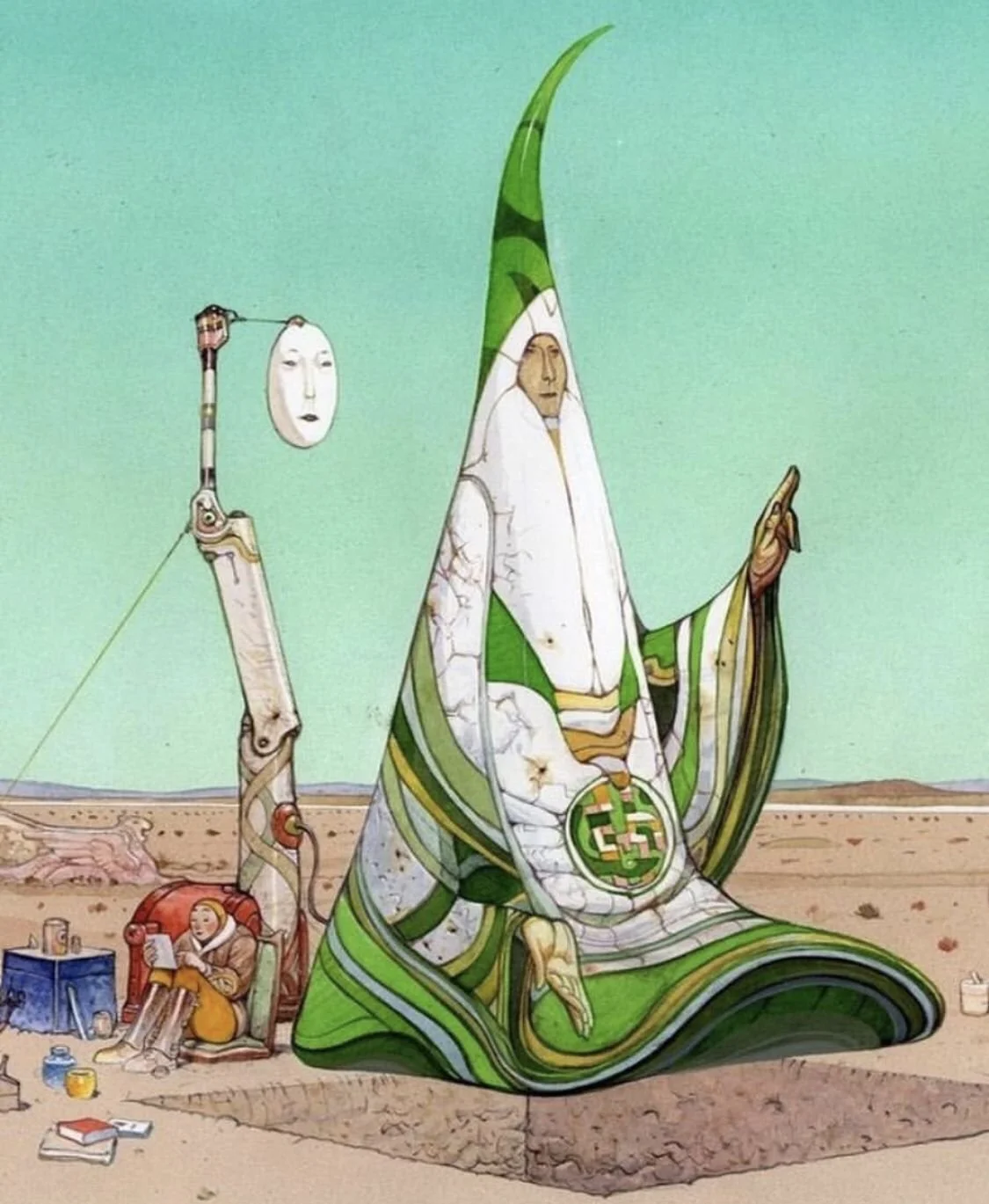 Illustration of a green wizard with machine face on mechanical device behind him sitting in desert