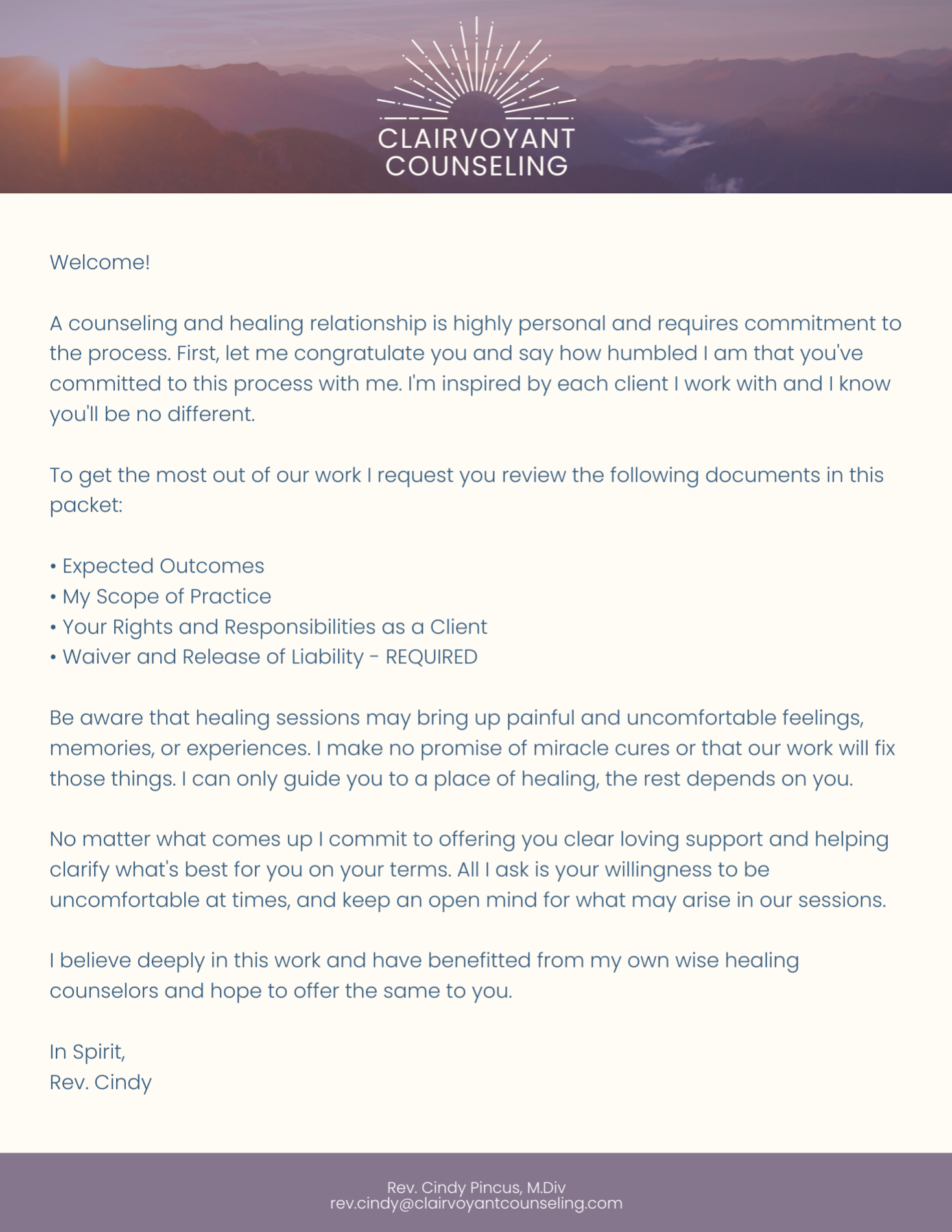 Welcome letter from Clairvoyant Counseling with a scenic mountain sunset background, and the contact details of Rev. Cindy Pincus at the bottom.