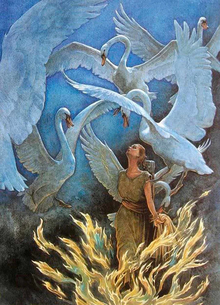 Woman bound to stake with flames rising around her, swans flying around trying to free her