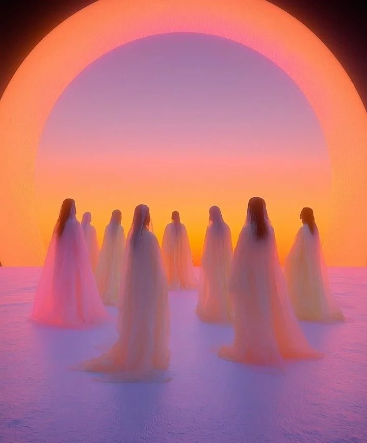 women in gossamer clothing purple and orange light pink sunrise pradiant gathering embody spiritual alignment mystical practices Christ consciousness discover soul illuminatiin sacred community and modern spirituality transformational psychic healing