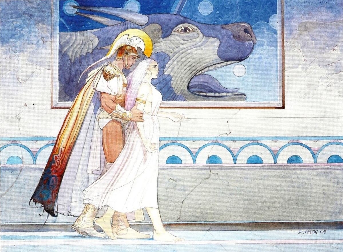 Artistic depiction of ariadne with golden thread in her hand being escorted down a hall by a greek soldier with the bull of the labyrinth behind her