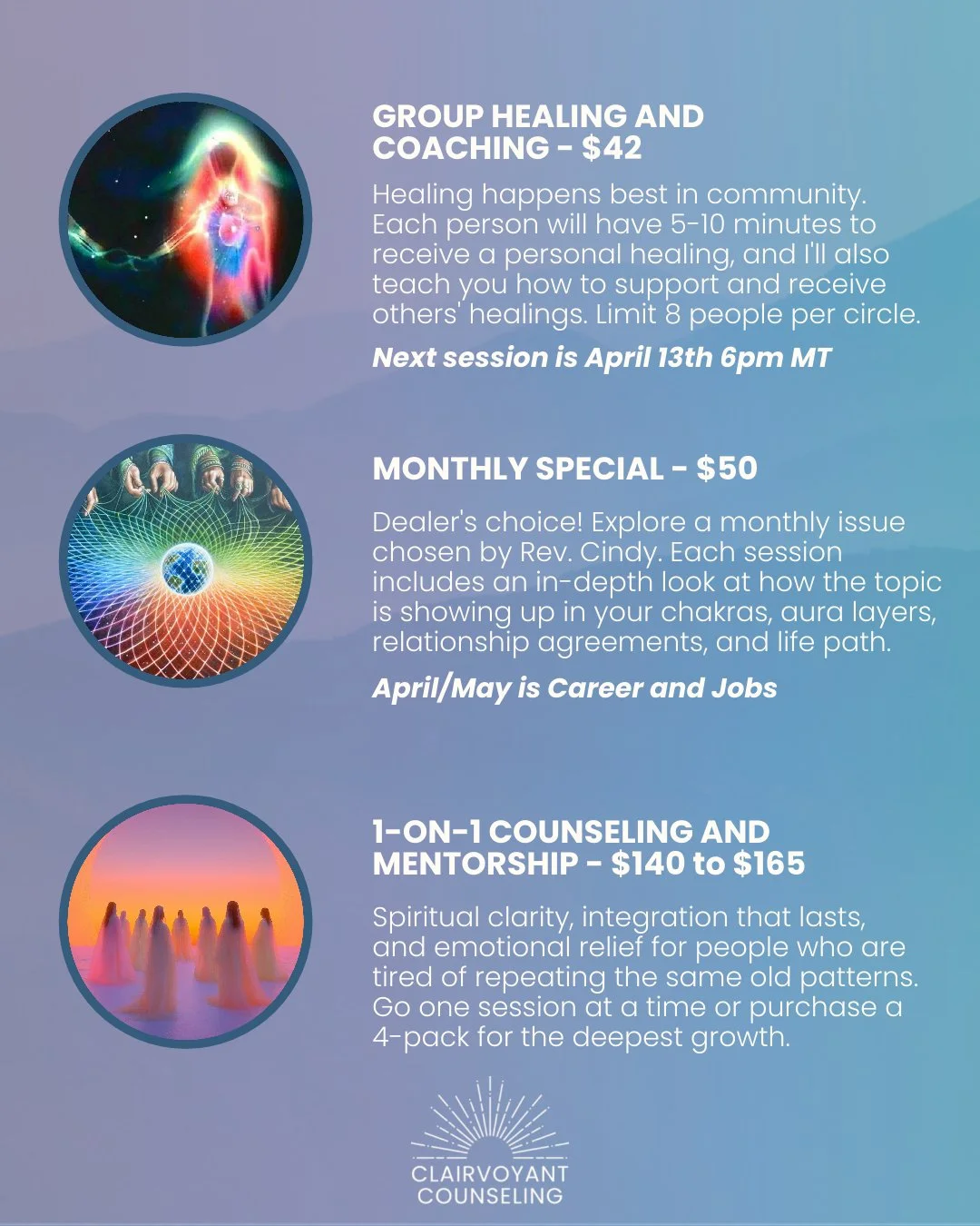 clairvoyant counseling monthly special group healing and coach and 1-on-1 counseling offers
