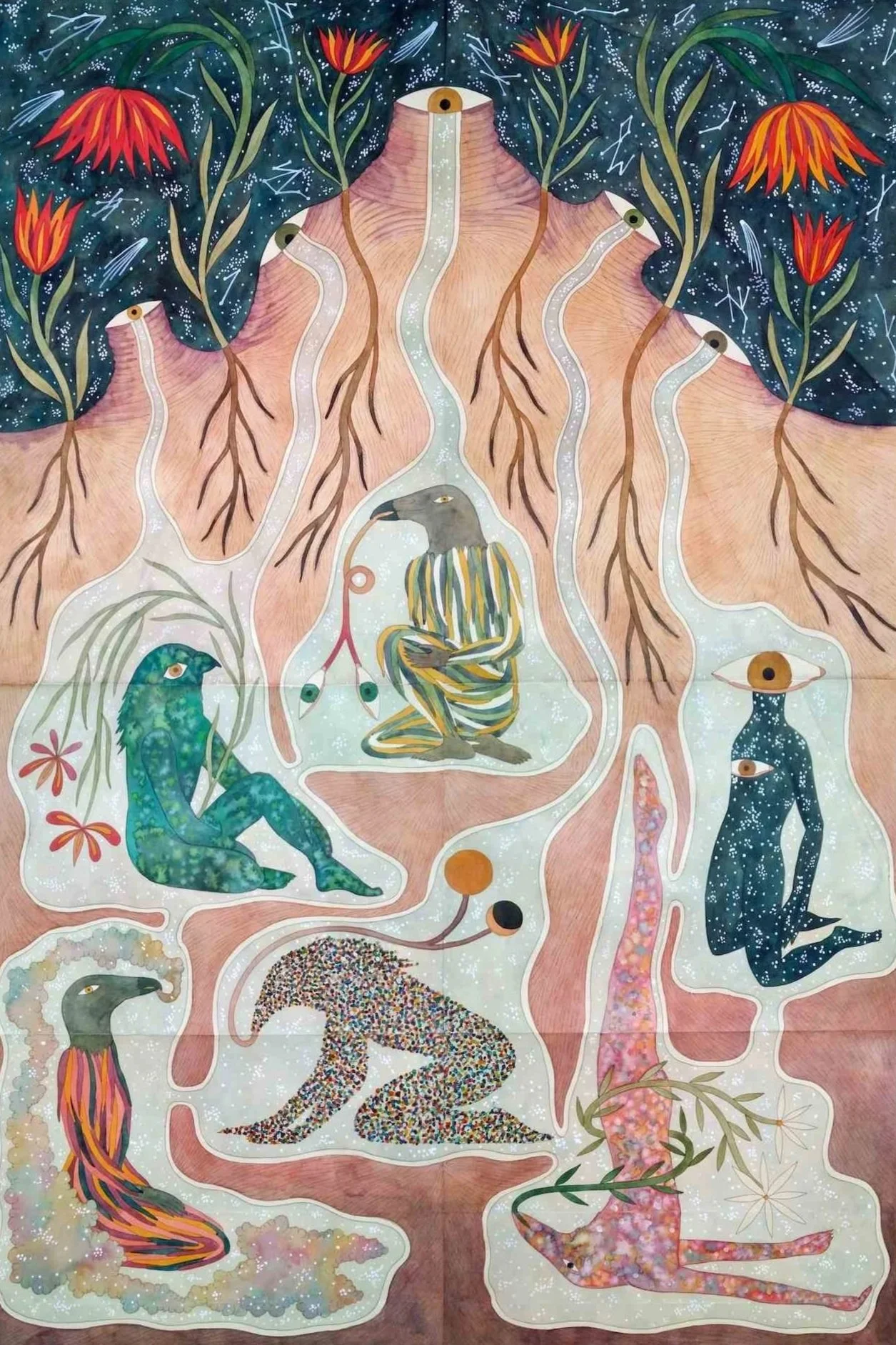 painting by rithika merchant of underground creatures blossoming with clairvoyant psychic skills healers and helpers in mentorship
