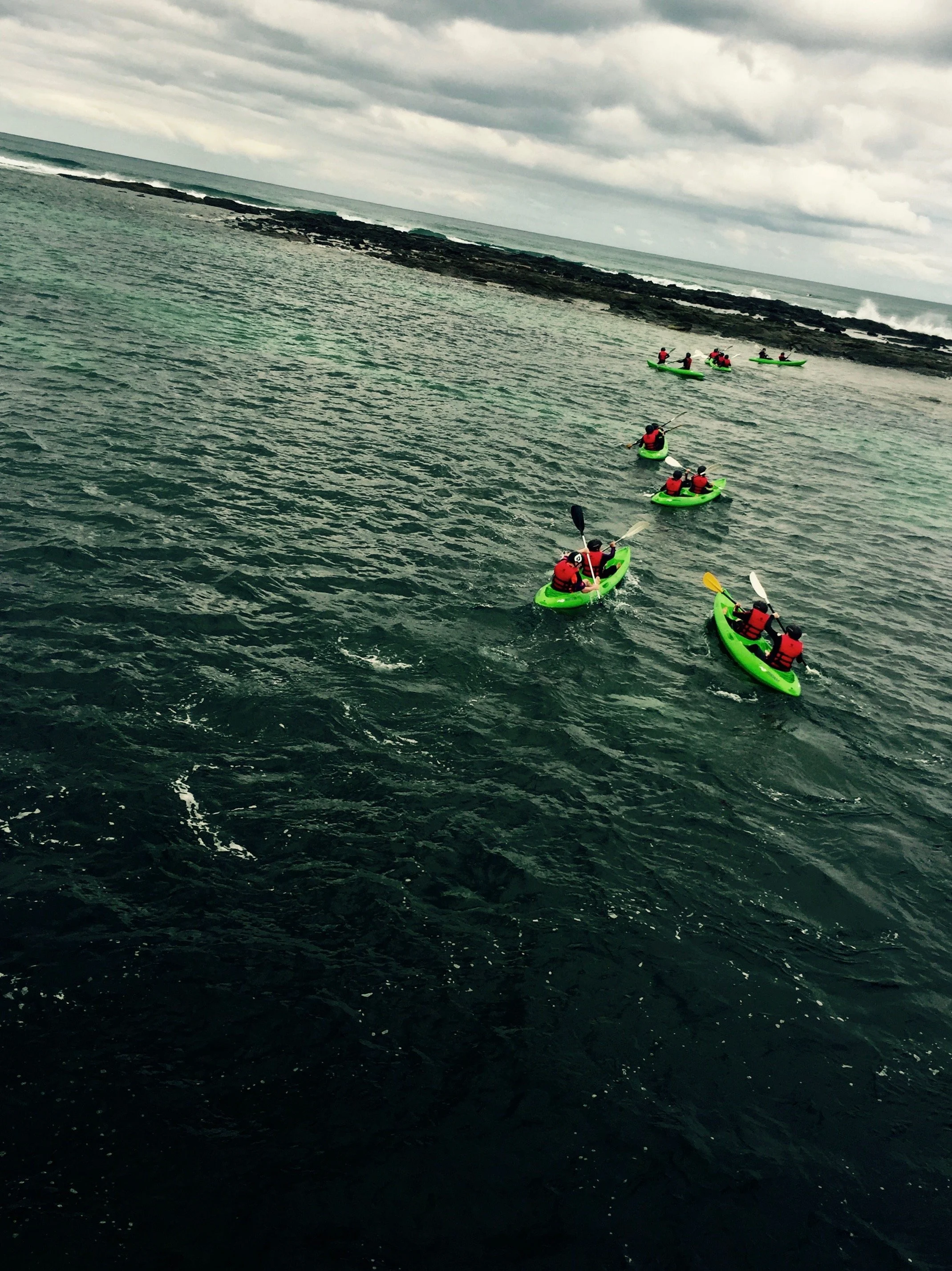 Multiple people in bright green kayaks in Torquay on the ocean during cloudy weather near a rocky shoreline.