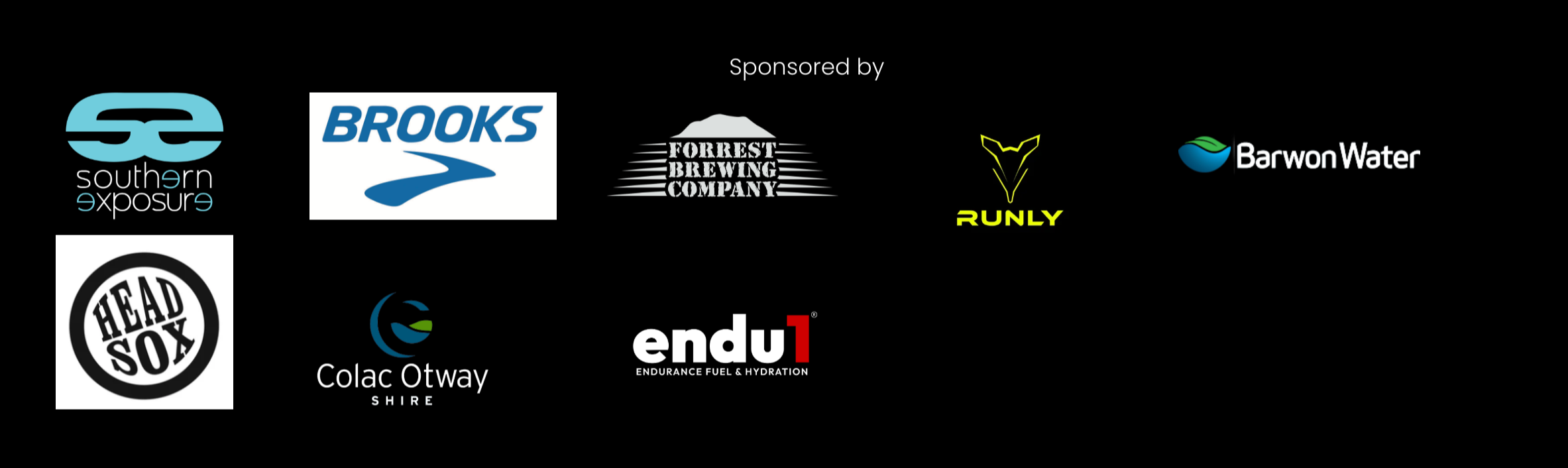 Collection of various sponsor logos, including Southern Exposure, Brooks, Forrest Brewing Company, Runly, Barwon Water, Head Sox, Colac Otway, Endu1, and others on a black background.