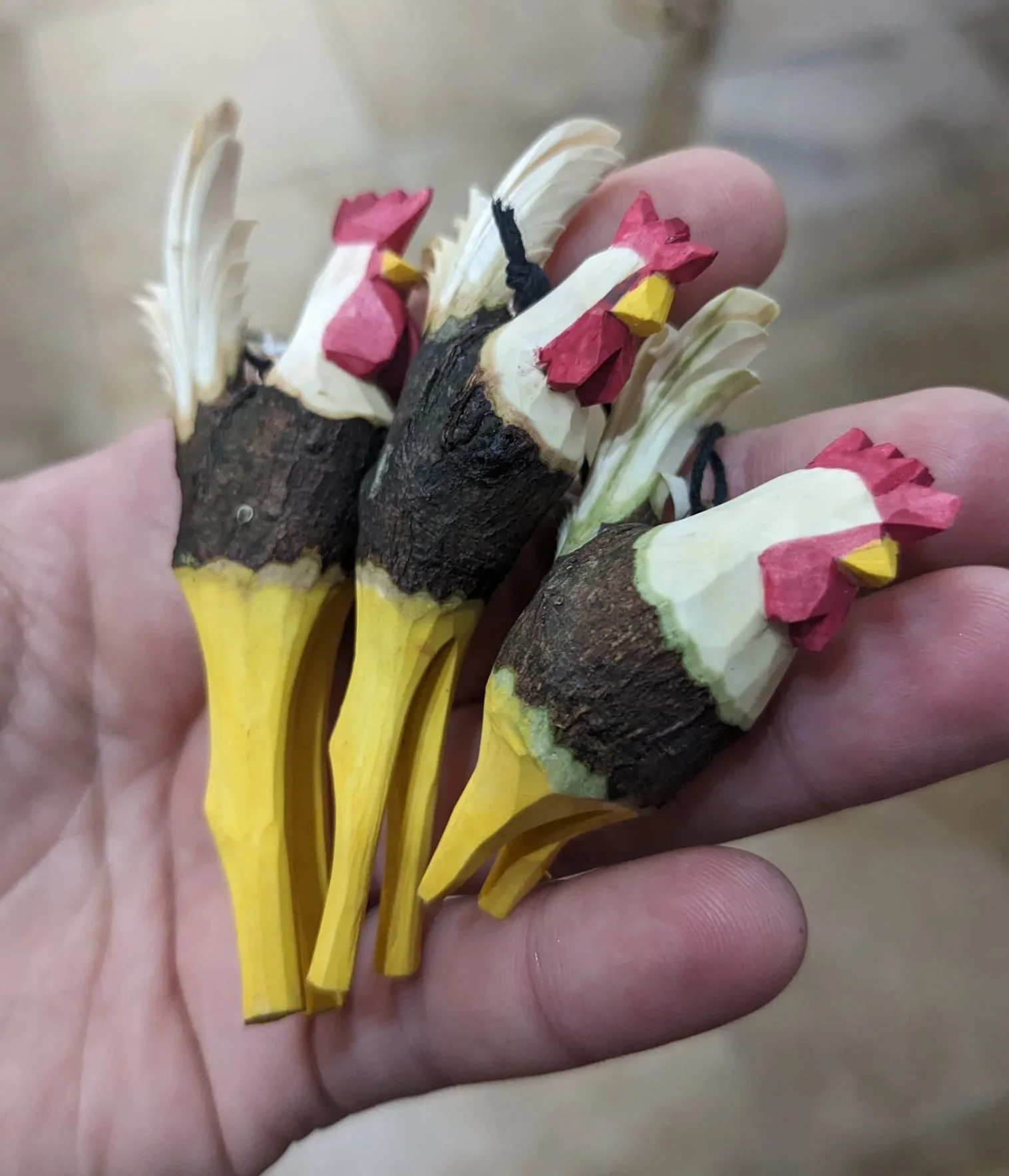 Handcarved Ornaments: Rooster Sticks